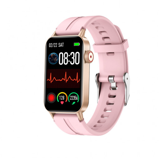 Ceas smartwatch femei - dama, ritm cardiac, oxigen sange, tensiune arteriala, Efour Tech F45, roz
