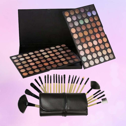 Kit makeup “Regina” cu 120 de farduri si set 24 pensule tip bambus cu husa piele