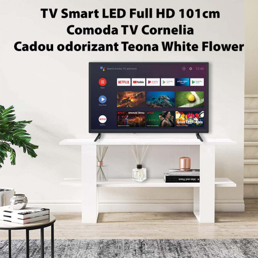 Pachet comoda TV Cornelia si televizor Skytech 4056T, 101 cm, Smart, Full HD si odorizant de camera cadou