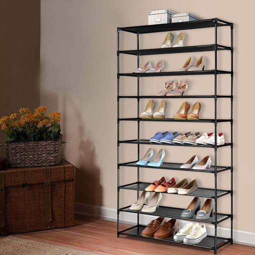 Pantofar etajera cu 10 rafturi din otel galvanizat si textil, 97x28x158 cm