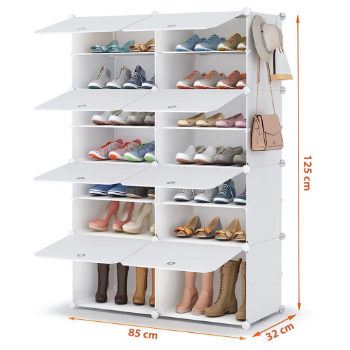 Pantofar modular cu 14 compartimente, 85x32x125 cm, alb