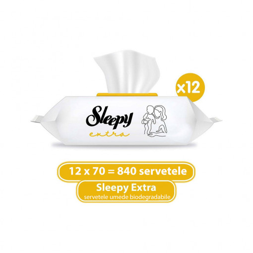 Servetele umede cu capac pentru bebelusi Sleepy Extra, Biodegradabile, 12 pachete, 840 bucati