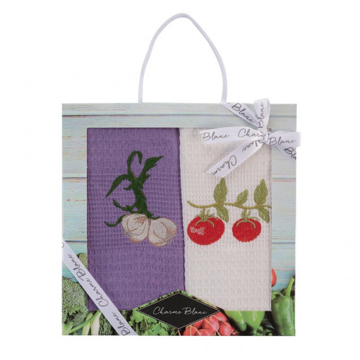 Set 2 x Prosoape de Bucatarie cu Imprimeu usturoi si rosii, Coton Blanc, din Bumbac 100%, 50 x 70 Cm
