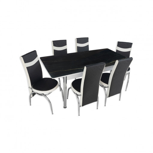 Set masa extensibila Marble dark, negru marmorat, MDF acoperit cu sticla, 6 scaune, picioare cromate