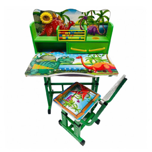 Birou cu scaun si sertar pentru copii, reglabile, Dino, verde