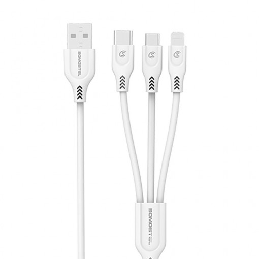 Cablu de incarcare/transfer rapid 3 in 1, Powerline SMS-BT08 de 1,22m si 3,1A, USB - MicroUSB/Type-C/Lightning(Iphone), alb