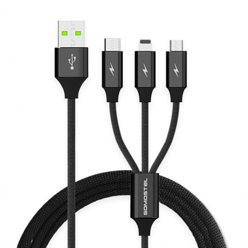 Cablu de incarcare/transfer rapid 3 in 1, Powerline SMS-BW03 de 1m si 2.4A, USB - MicroUSB/Type-C/Lightning(Iphone), negru