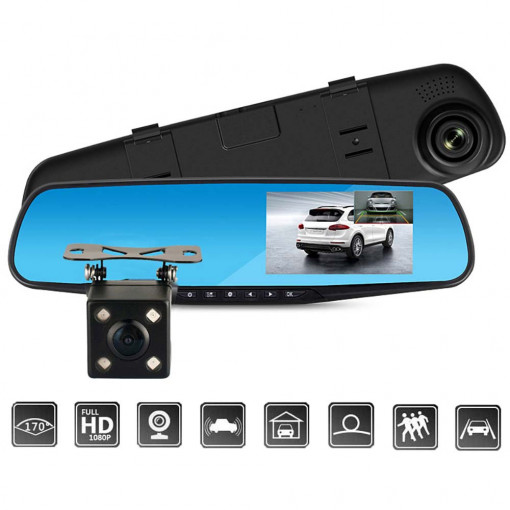 Camera auto retrovizoare dual fata/spate, ecran 4.3inch, full HD, mod parcare, G senzor, detectare miscare