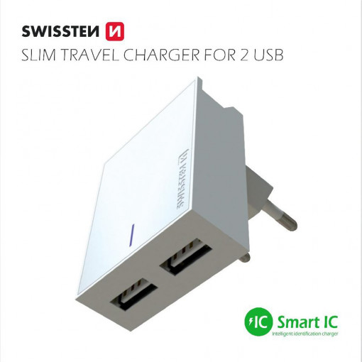 Incarcator retea priza cu 2x porturi USB, Smart IC, Swissten