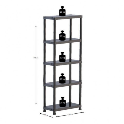 Raft din plastic pentru depozitare, 5 polite, ArteNova, 30x60x180cm, negru