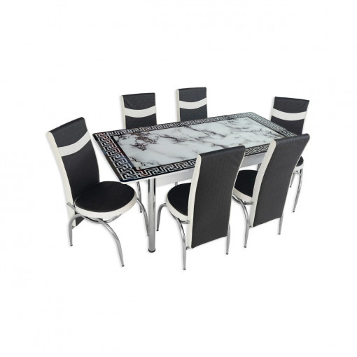 Set masa extensibila Exclusive, negru cu alb, MDF acoperit cu sticla, 6 scaune, picioare cromate
