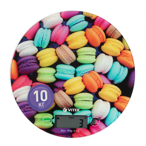 Cantar bucatarie Macarons, multicolor, rotund, plastic, greutate maxima 10 kg