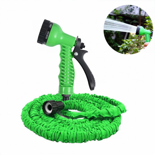 Furtun Extensibil Verde 45 metri, Pistol cu 7 pozitii de udare si accesorii pentru udat incluse
