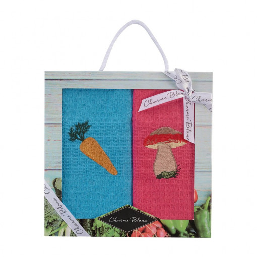 Set 2 X Prosoape De Bucatarie Cu Imprimeu Morcov Si Ciuperca, Coton Blanc, Din Bumbac 100%, 50 X 70 Cm