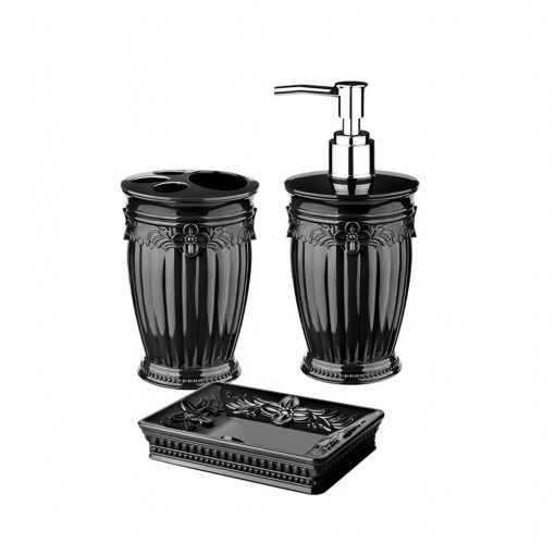 Set 3 accesorii baie Sultan, plastic dur, dozator sapun lichid, sapuniera, suport periute, OKY-645-negru