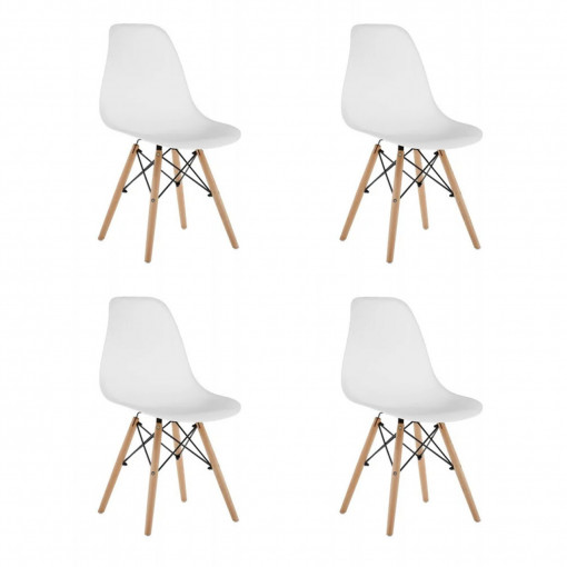 Set 4 scaune pentru bucatarie - living cu picioare din lemn, alb