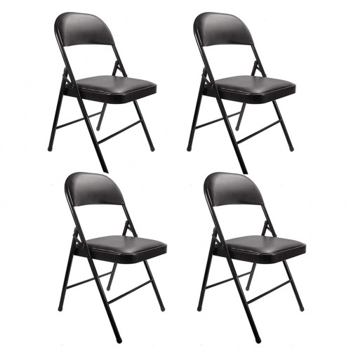 Set 4 scaune pliabile de bucatarie - living tapitat, piele ecologica + otel, negru