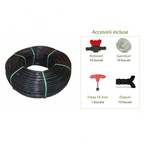 Set furtun irigatii prin picurare 100 metri, distanta orificii 40 cm, include 31 accesorii, pachet complet