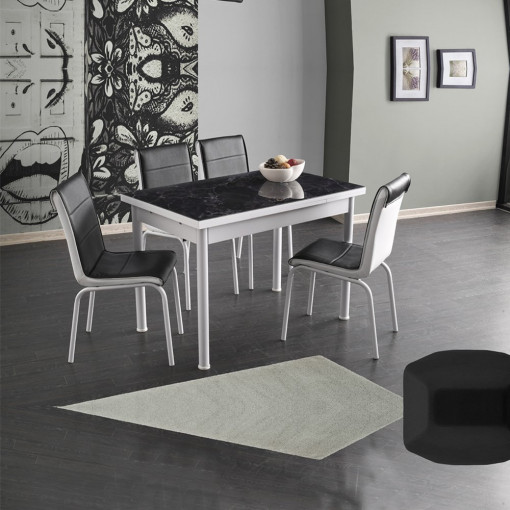 Set masa extensibila Negru Marmorat, Asos Home, MDF acoperit cu sticla, 4 scaune din piele ecologica, living si bucatarie, picioare cromate