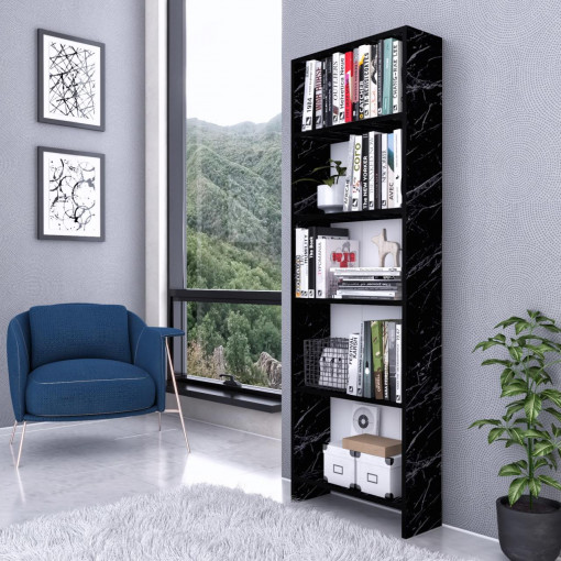 Biblioteca 5 rafturi Laguna, negru marmorat 20x55x169cm