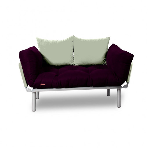 Canapea extensibila 2 locuri cadru inox, damson, perne crem incluse