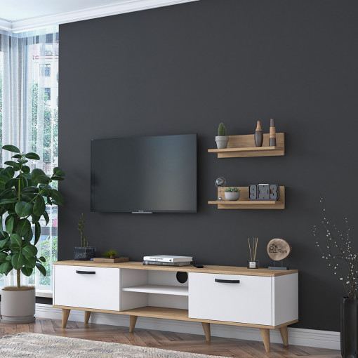 Comoda TV cu 2 rafturi suspendate, Nevada C48AS, culoare alb cu stejar, 180x35x48,6 cm