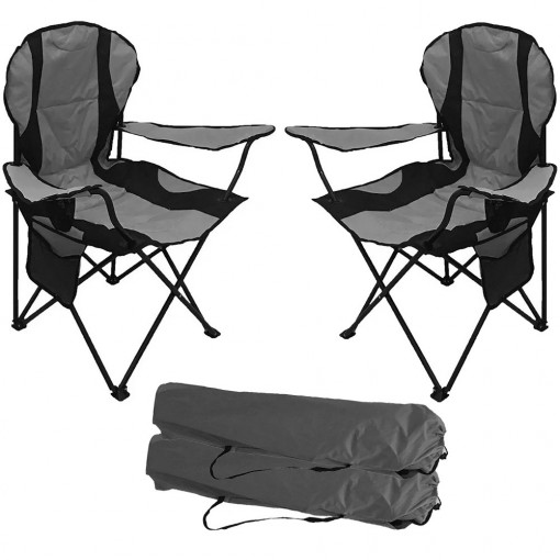 Set 2 scaune camping pliante cu brate, structura metalica, gri - negru, model XL