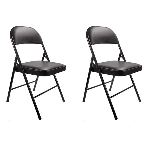 Set 2 scaune pliabile de bucatarie - living tapitat, piele ecologica + otel, negru