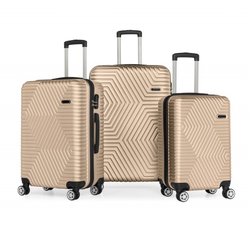 Set 3 trolere Artenova cu 4 roti, comaprtiment rigid, maner telescopic, cifru, champagne gold