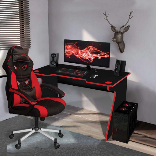 Set birou si scaun gaming Millennium si scaun rotativ cu suport lombar, gaming Furios, piele ecologica, negru cu rosu
