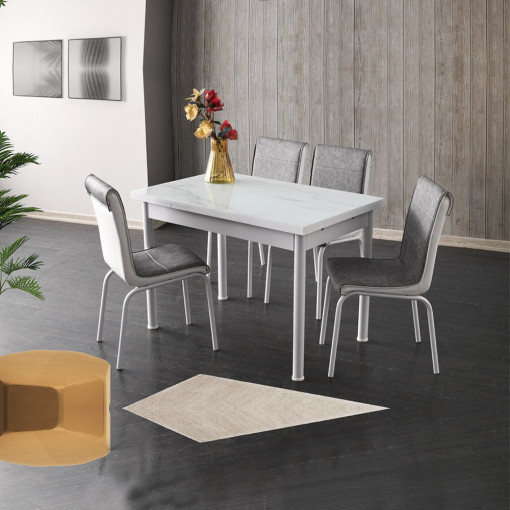 Set masa extensibil, Gri Marmorat, Asos Home, MDF acoperit cu sticla, 4 scaune din material textil, living si bucatarie, picioare cromate