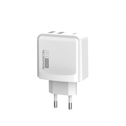 Incarcator retea cu 3 porturi SMS-A114, Quick Charge 3.0 si iesire de 5v 2.1A, plus cablu Type-C alb