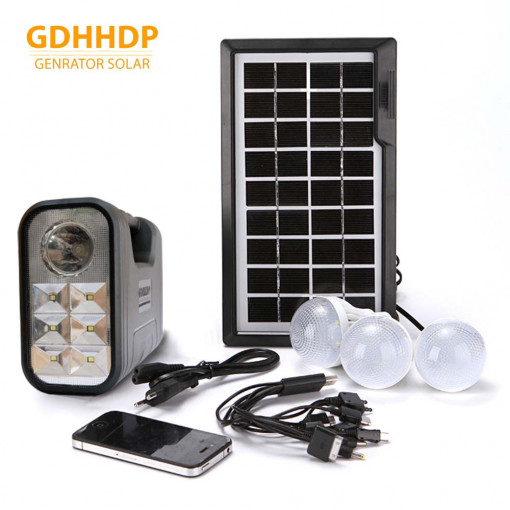 Kit solar de iluminat si alimentare dispozitive USB, cu lanterna si trei becuri LED
