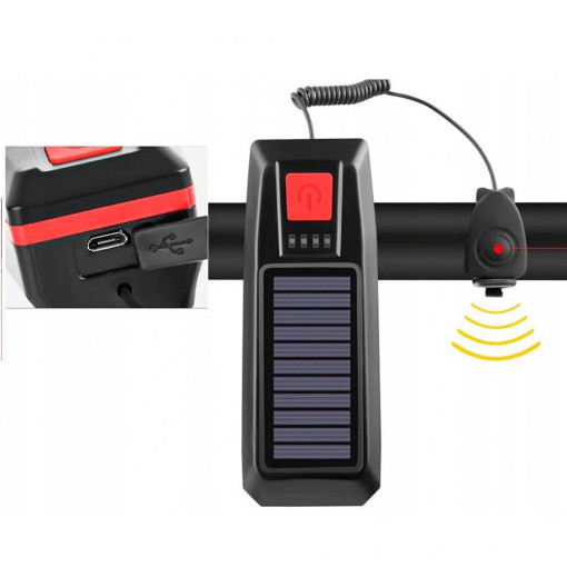 Lanterna pentru bicicleta, cu claxon, incarcare solara/USB