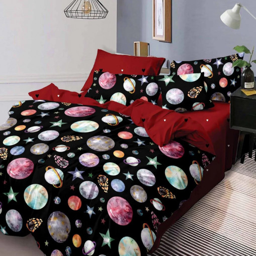 Lenjerie de pat pentru 2 persoane, 4 piese, Elvo Planets