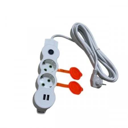 Prelungitor 2 prize, plus 2 prize USB 2.0, Intrerupator cablu, 3x1mm, 5M