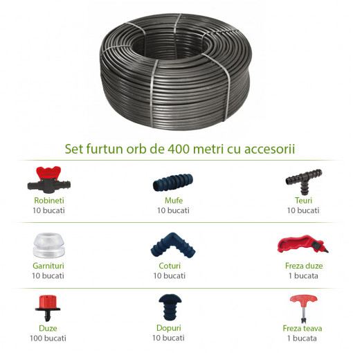 Set furtun orb irigatii prin picurare Ø16mm x 400 m, accesorii incluse - 162 bucati
