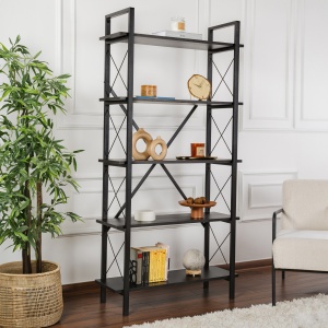 Biblioteca Elysian din PAL melaminat si metal, 90 cm, maro cu negru - Img 1