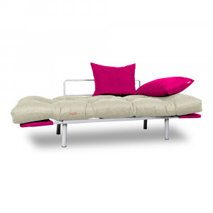 Canapea extensibila 2 locuri cadru inox, crem, perne roz incluse