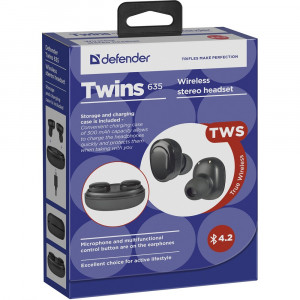 Casti bluetooth Defender Twins 635 TWS Wireless, Bluetooth V4.2, negru