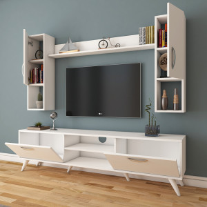 Comoda TV cu rafturi suspendate, Nevada C27A, alba, 180x35x48,6 cm