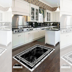 Covor bucatarie Greek Marble, negru cu alb, antiderapant, 80x150cm