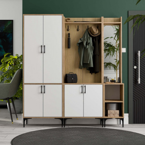 Dulap multifunctional cu cuier,polita si oglinda dreapta, 175x35x195, alb cu stejar