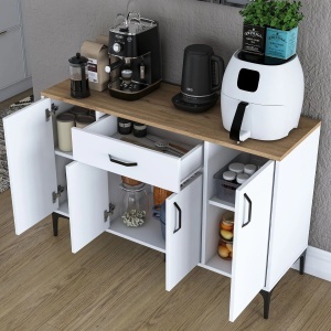 Duap multifunctional cu sertar, alb cu blat nuc, din PAL, Jerra