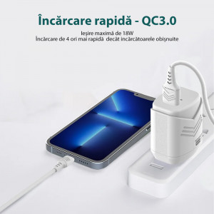 Incarcator retea SMS-A33, Quick Charge3.0, Putere 18W, plus cablu Lightning, roz
