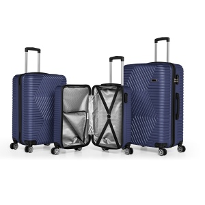 Set 3 trolere Artenova cu 4 roti, compartiment rigid, maner telescopic, cifru, albastru inchis