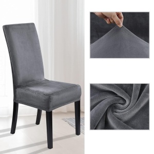 Set 6 huse elastice universale pentru scaun, din catifea, gri inchis - Img 3