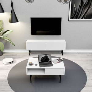 Set comoda TV si masuta de cafea, 138x29.5x50 cm, 90x54x39.6 cm, alb