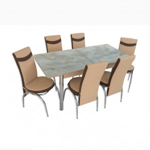 Set masa extensibila Marble cappuccino marmorat, MDF acoperit cu sticla, 6 scaune, picioare cromate