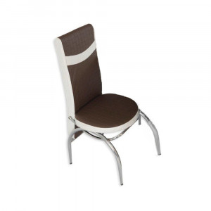 Set masa extensibila Cecille, maro cu alb, MDF acoperit cu sticla, 6 scaune, picioare cromate